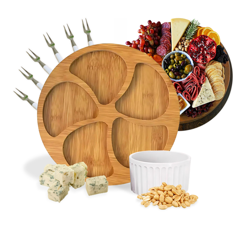 Kit Petisqueira Redonda Para Frios Queijo Com Molheira Ramekin e Garfinhos para Petiscos