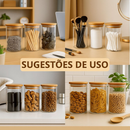 Conjunto Porta Mantimento De Vidro 250ml Hermético Tampa De Bambu Para Alimentos Temperos