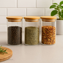 Conjunto Porta Mantimento De Vidro 250ml Hermético Tampa De Bambu Para Alimentos Temperos
