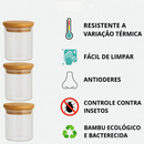 Conjunto Porta Mantimento De Vidro 250ml Hermético Tampa De Bambu Para Alimentos Temperos