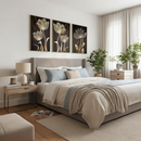 Kit 3 Quadros Decorativos Abstratos Preto com Flor Dourada – Decoração Luxo para Sala e Quarto