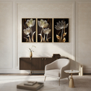 Kit 3 Quadros Decorativos Abstratos Preto com Flor Dourada – Decoração Luxo para Sala e Quarto