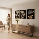 Kit 3 Quadros Decorativos Abstratos Preto com Flor Dourada – Decoração Luxo para Sala e Quarto